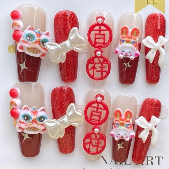 New Handmade Chinese New Year 3D Nail Art Set w/Red & White Accents Small - Picture 2 of 3
